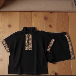 She + Sky Black Lounge Set w/ Leopard Trim – Comfy 2-Piece Outfit